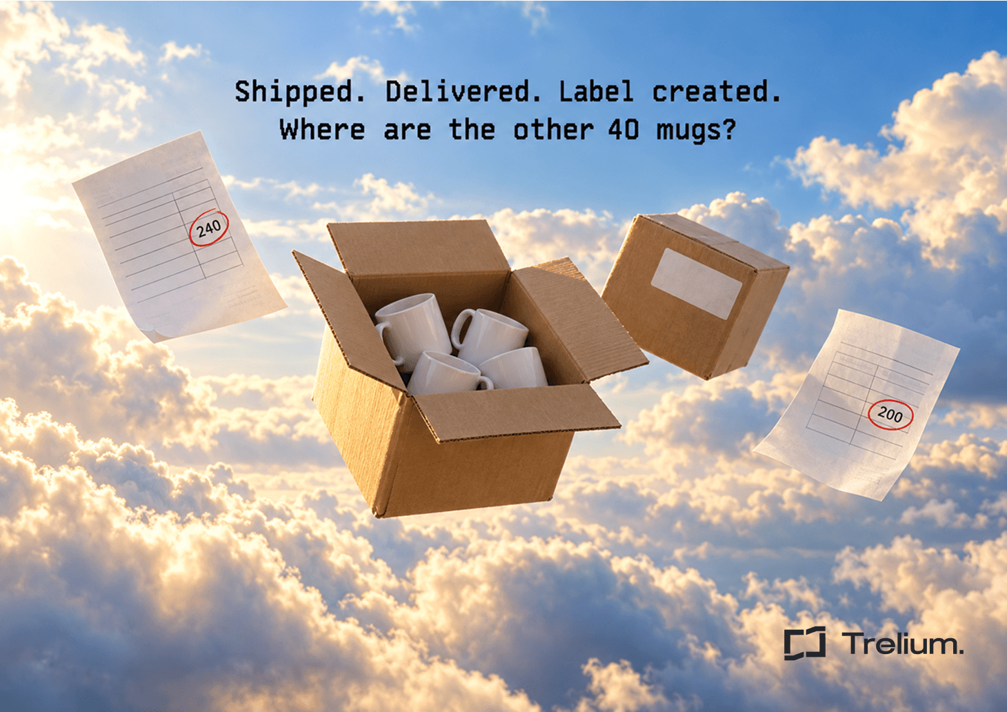 An order-status dashboard showing 240 mugs ordered, 200 reported received, and a second shipment awaiting a warehouse check.
