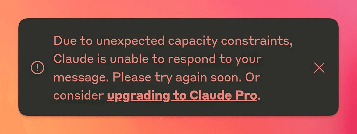A ChatGPT or Claude usage limit message telling a user they have reached their cap and must wait or upgrade.