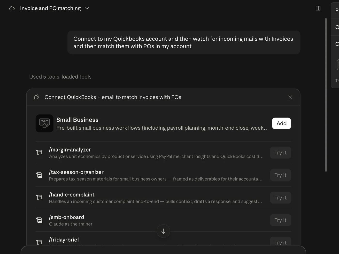 Claude Cowork suggests a Small Business plugin for connecting QuickBooks and email.