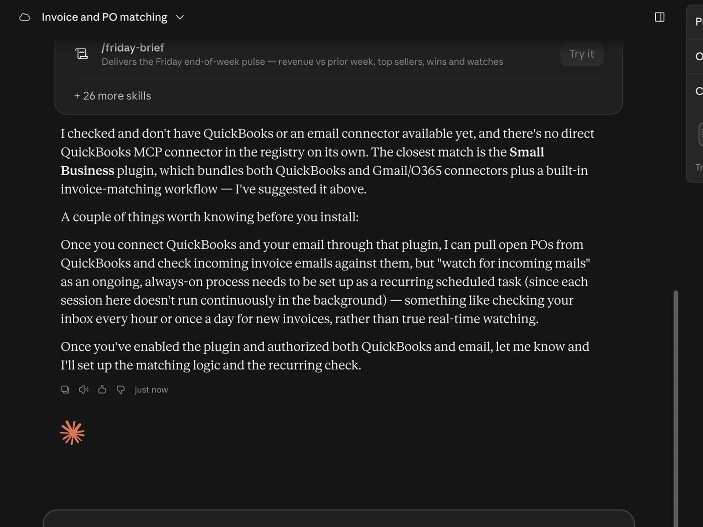 Claude Cowork explains that watching incoming emails would need to be configured as a recurring scheduled task.