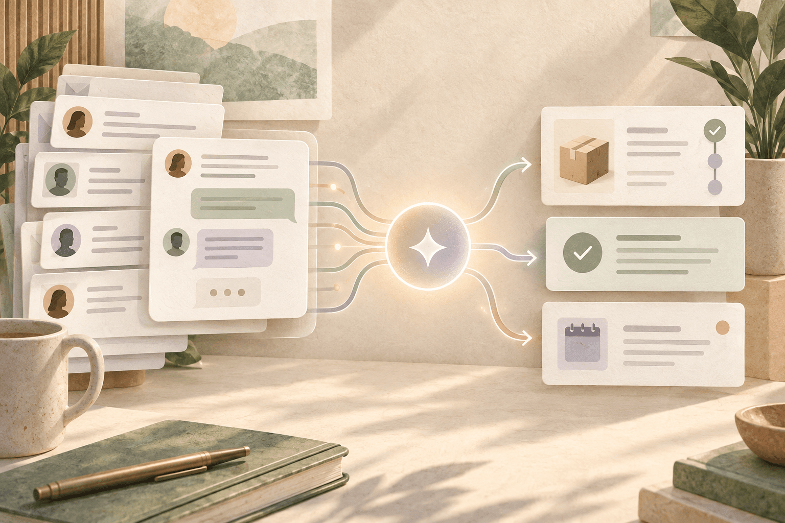 Editorial illustration of customer conversations flowing through an AI workflow into completed operational tasks.