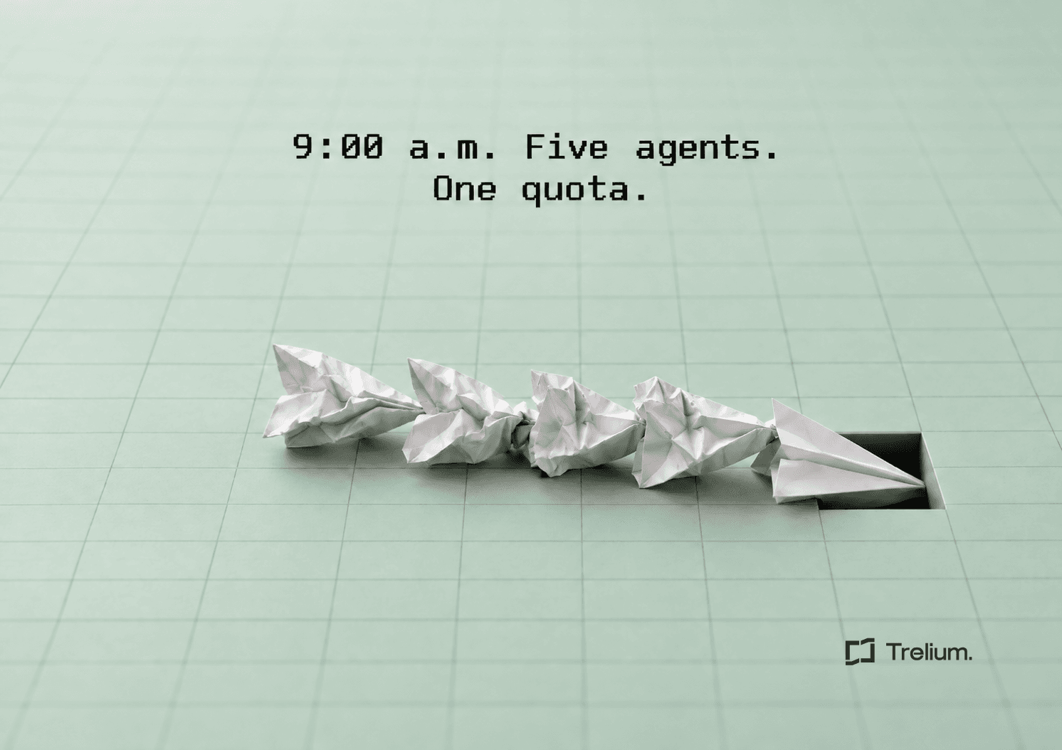 Five paper airplanes in a line, the first passing through a square hole in a green spreadsheet grid while four crumple behind it.