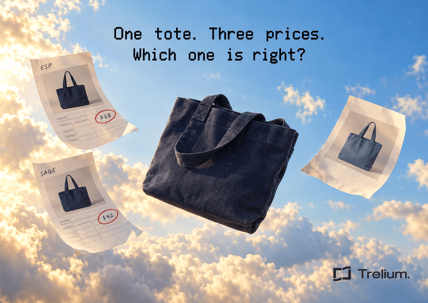A supplier catalog review showing a navy tote's price, color, and update status across ESP, SAGE, and DistributorCentral.