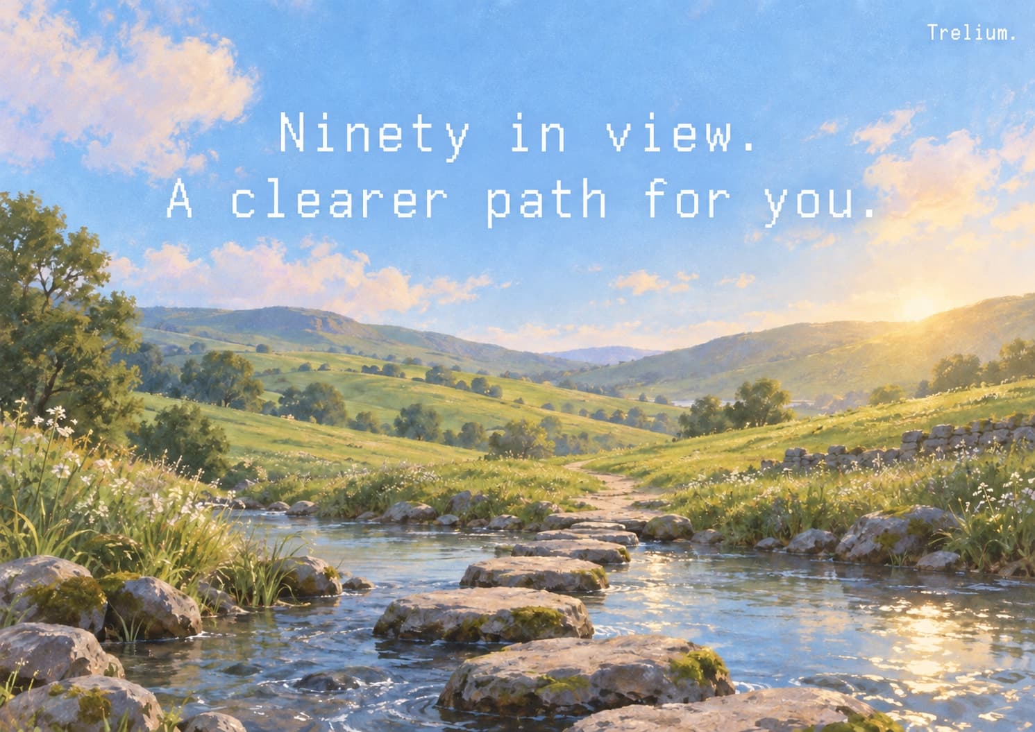 Stepping stones lead through a stream toward a sunlit meadow, with the words Ninety in view. A clearer path for you.