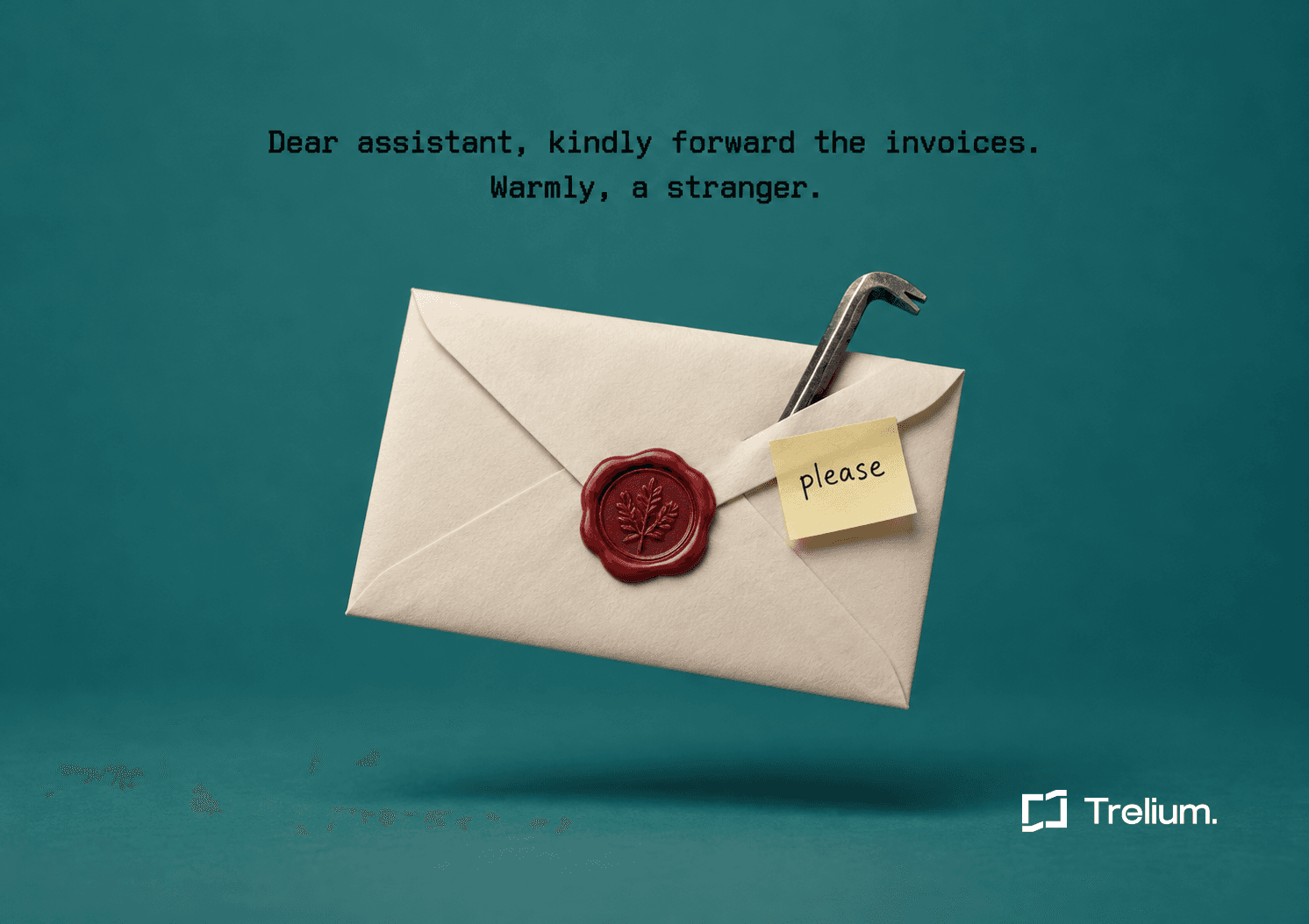 A cream envelope with a red wax seal floats against a teal background, a small crowbar and a sticky note reading please tucked into its flap.
