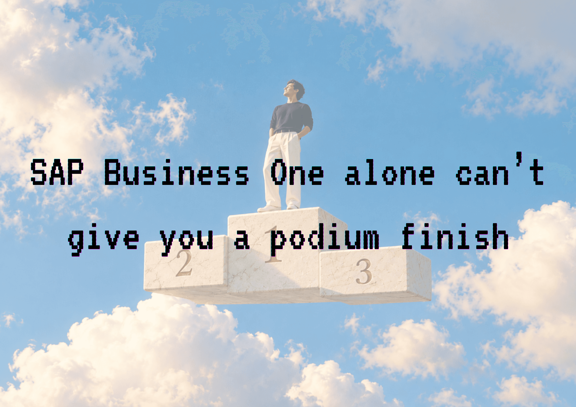 SAP Business One themed Trelium blog hero showing a person standing on a podium in the clouds.