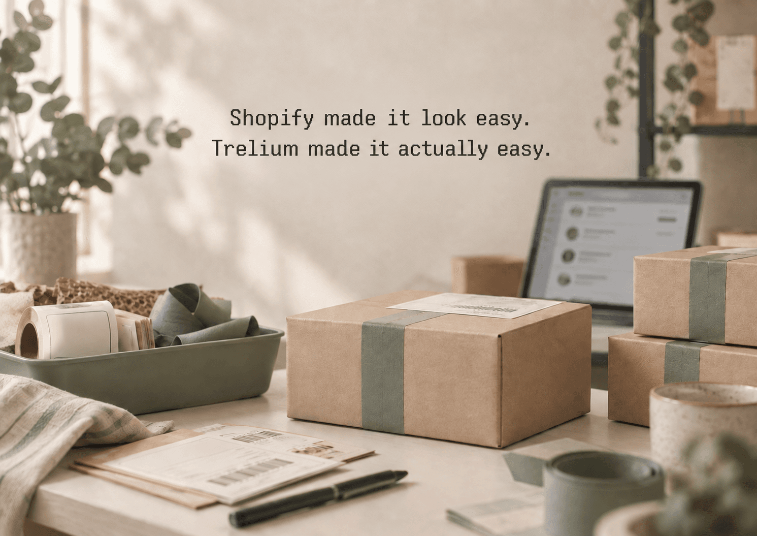 Editorial Shopify order operations scene with packages and shipping materials, headlined Shopify made it look easy. Trelium made it actually easy.