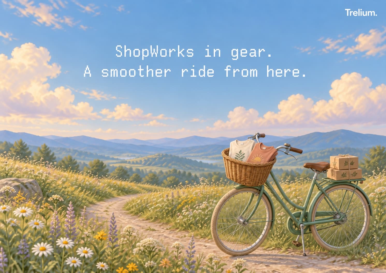 A sage-green bicycle carrying apparel and parcels through a wildflower meadow, with the words ShopWorks in gear. A smoother ride from here.