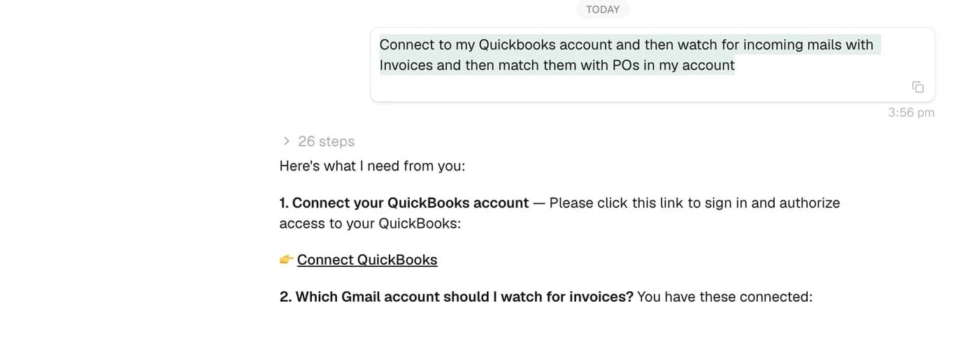 Trelium asks for QuickBooks access and the inbox to monitor while setting up an invoice matching workflow.