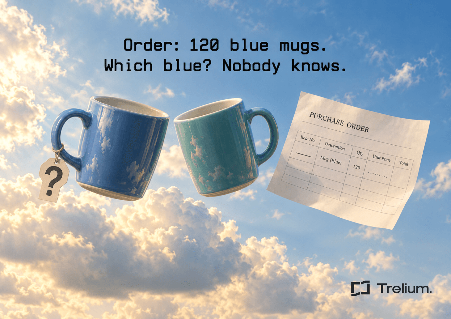 An order-entry dashboard showing an incomplete purchase order with missing SKU, price mismatch, and customer clarification flags.
