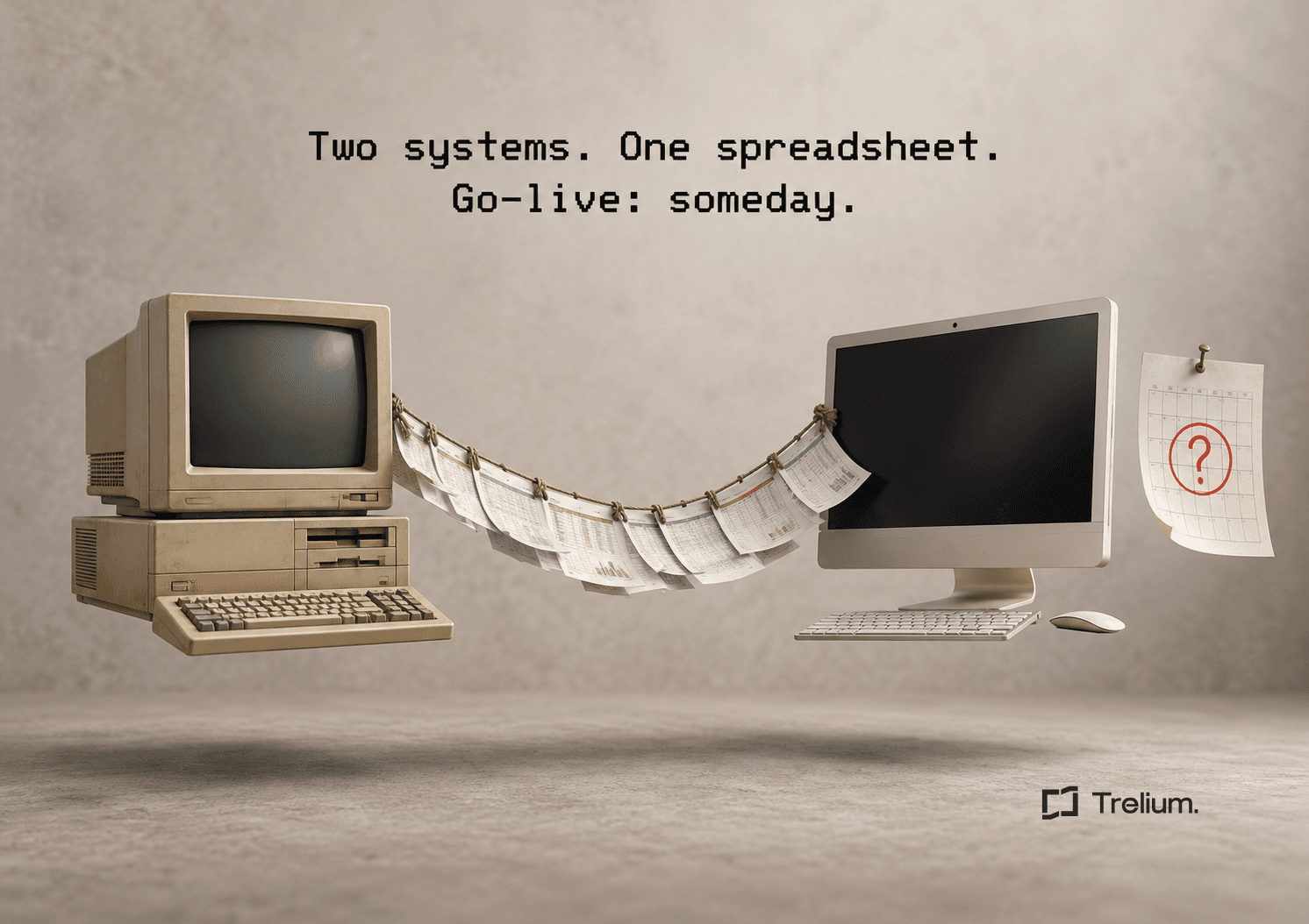 An old beige desktop computer and a modern monitor float side by side, joined by a sagging rope bridge of printed spreadsheets.