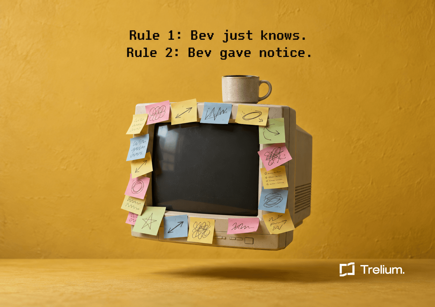 A beige CRT monitor ringed with scribbled sticky notes floats against a mustard-yellow wall, a coffee mug balanced on top.