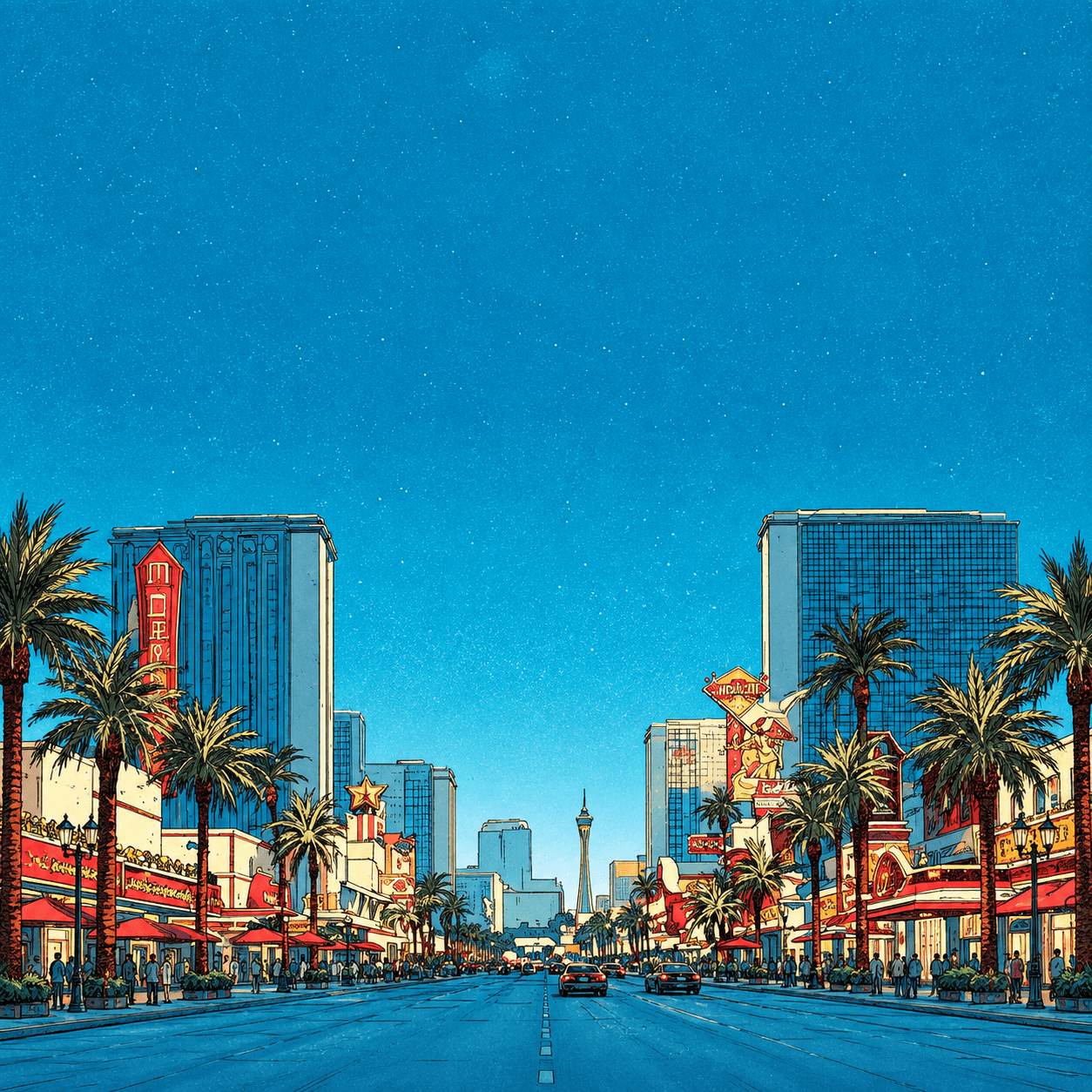 Illustrated Las Vegas boulevard with palm trees, hotels, and the road stretching toward the skyline