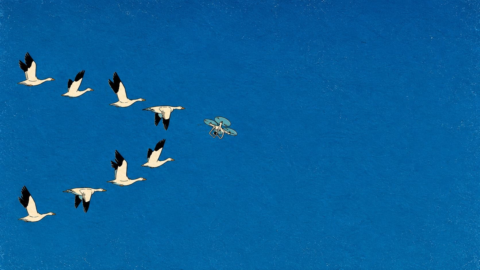 A flock of geese flying together, with a drone joining the formation